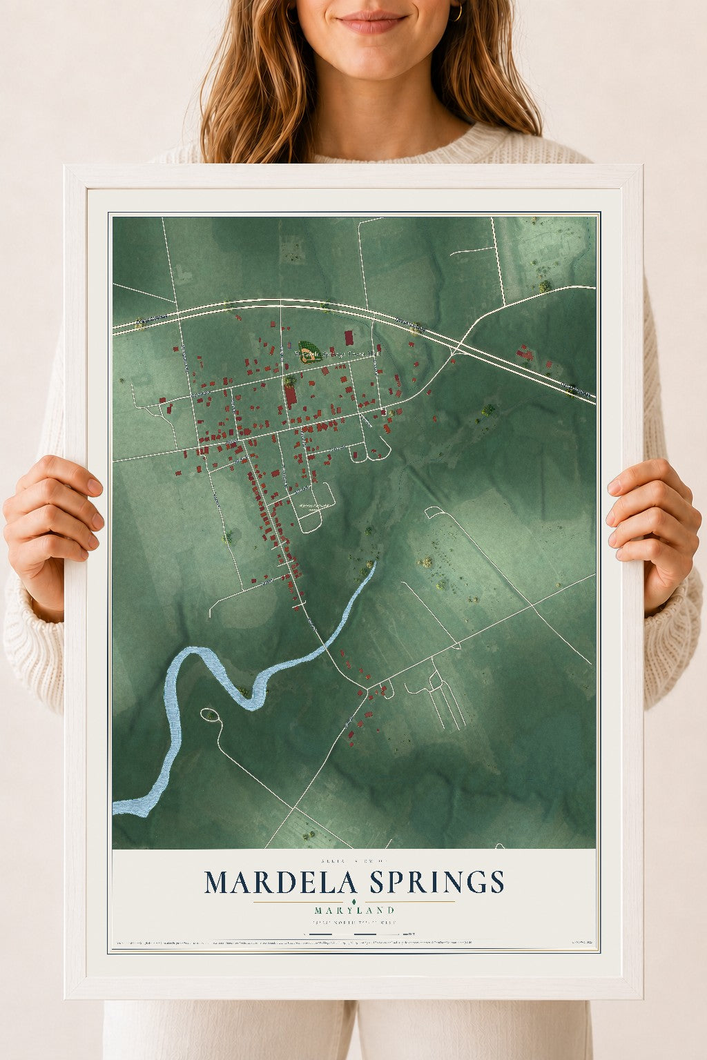 Map of Mardela Springs, Maryland, 18 x 24 inch print in a white wood frame