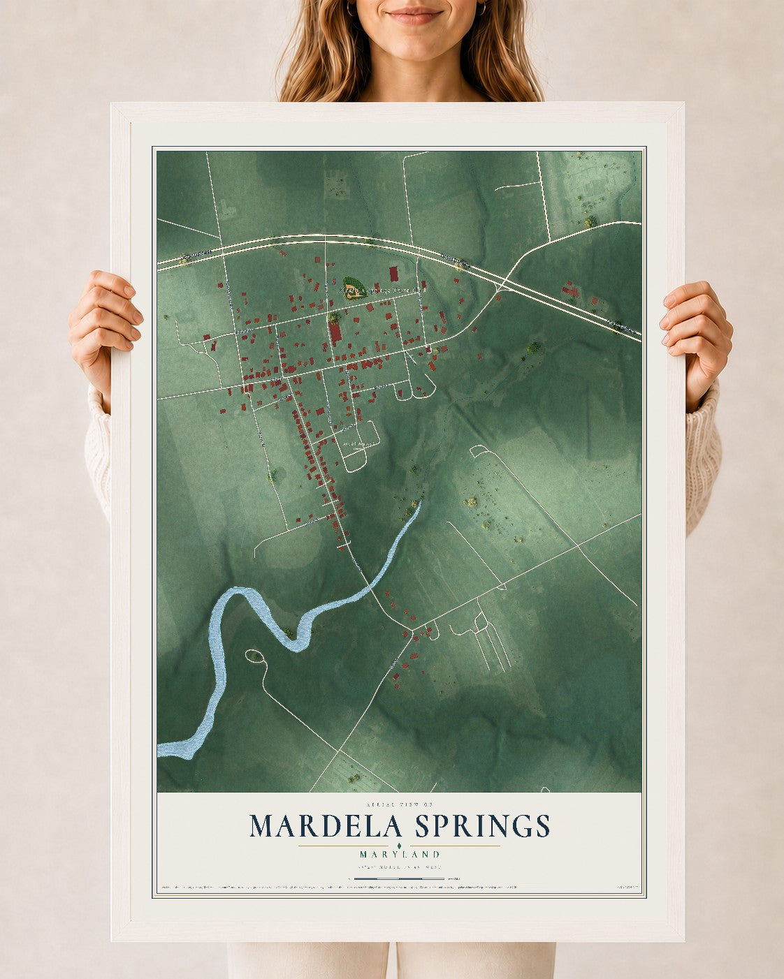 Map of Mardela Springs, Maryland, 24 x 36 inch print in a white wood frame