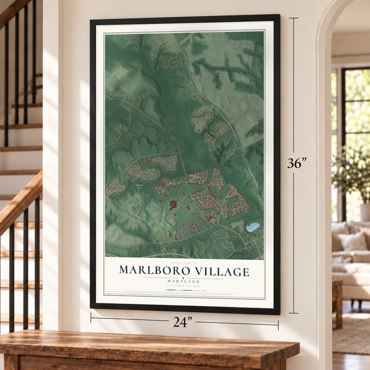Marlboro Village, Maryland map, 24 x 36 inch print in a black frame by a staircase