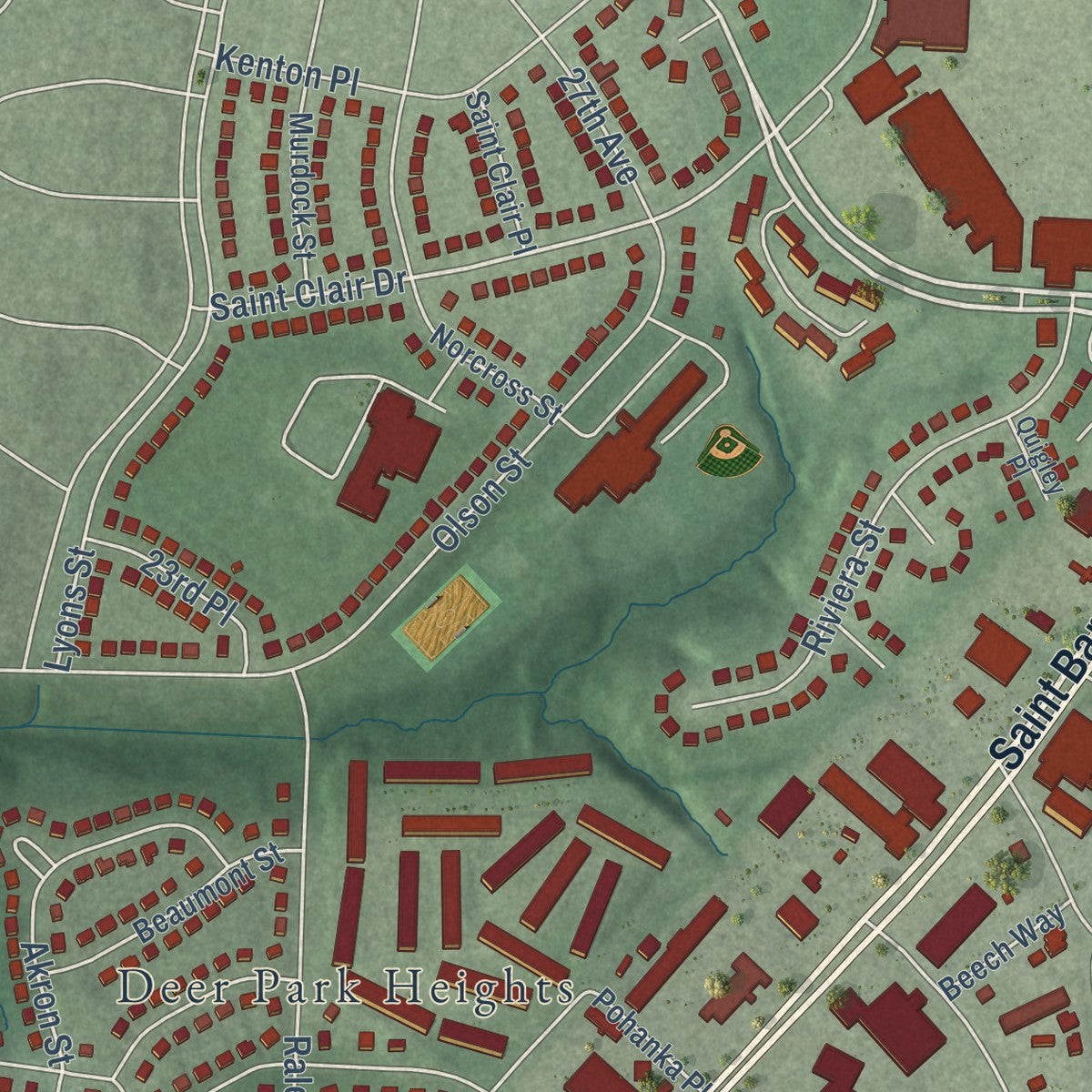 Close-up of the map of Marlow Heights, Maryland print showing street and building detail