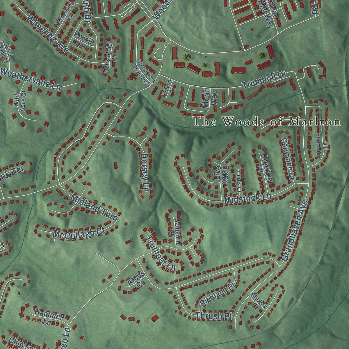 Close-up of the map of Marlton, Maryland print showing street and building detail