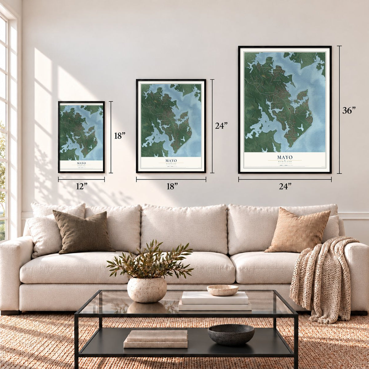 Mayo, Maryland map in 12 x 18, 18 x 24 and 24 x 36 inch sizes above a sofa