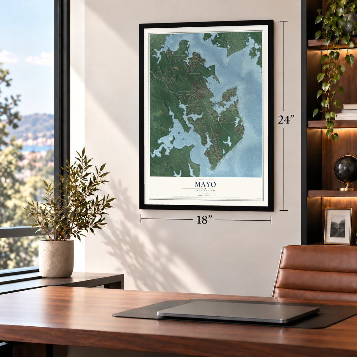 Mayo, Maryland map, 18 x 24 inch print in a black frame in a home office