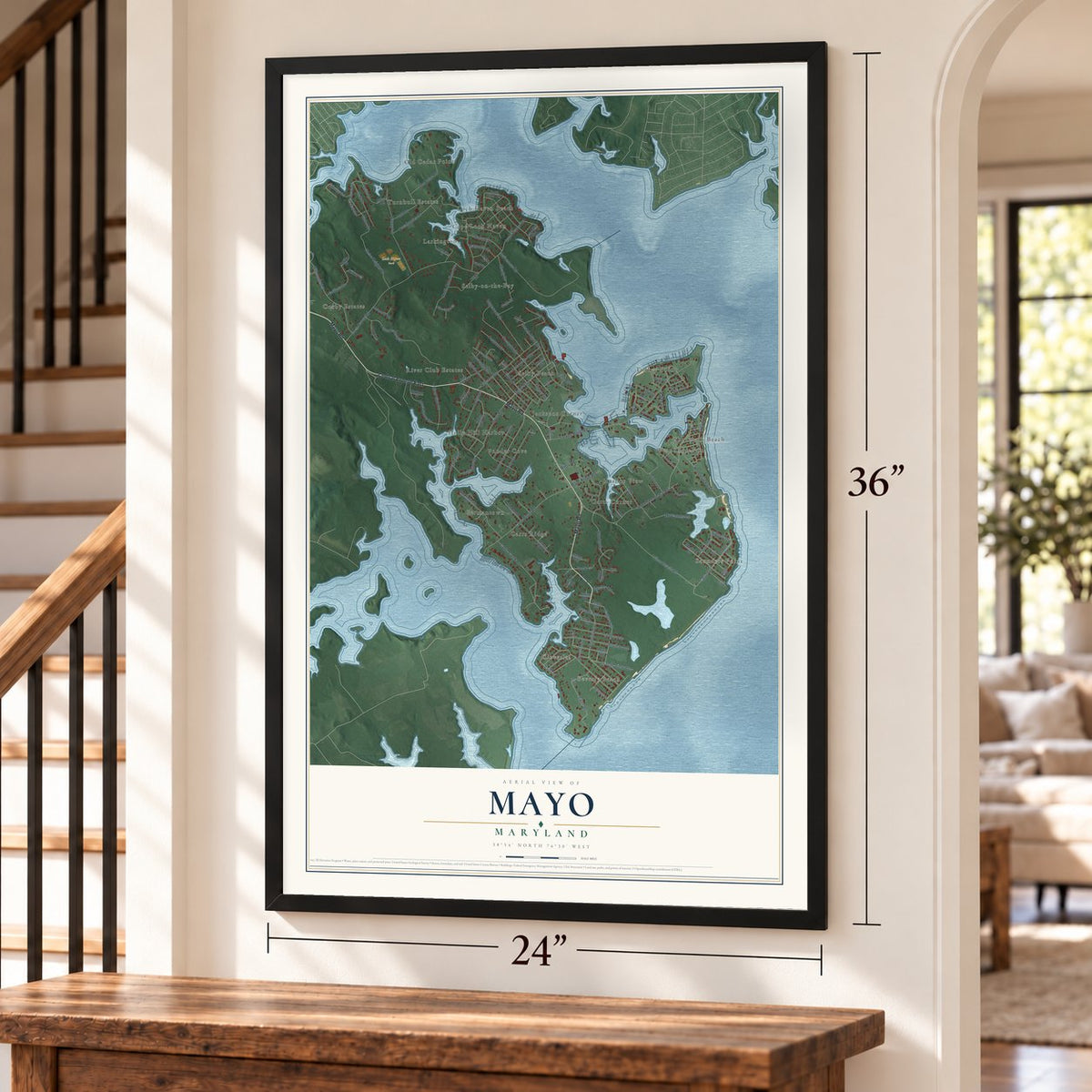 Mayo, Maryland map, 24 x 36 inch print in a black frame by a staircase