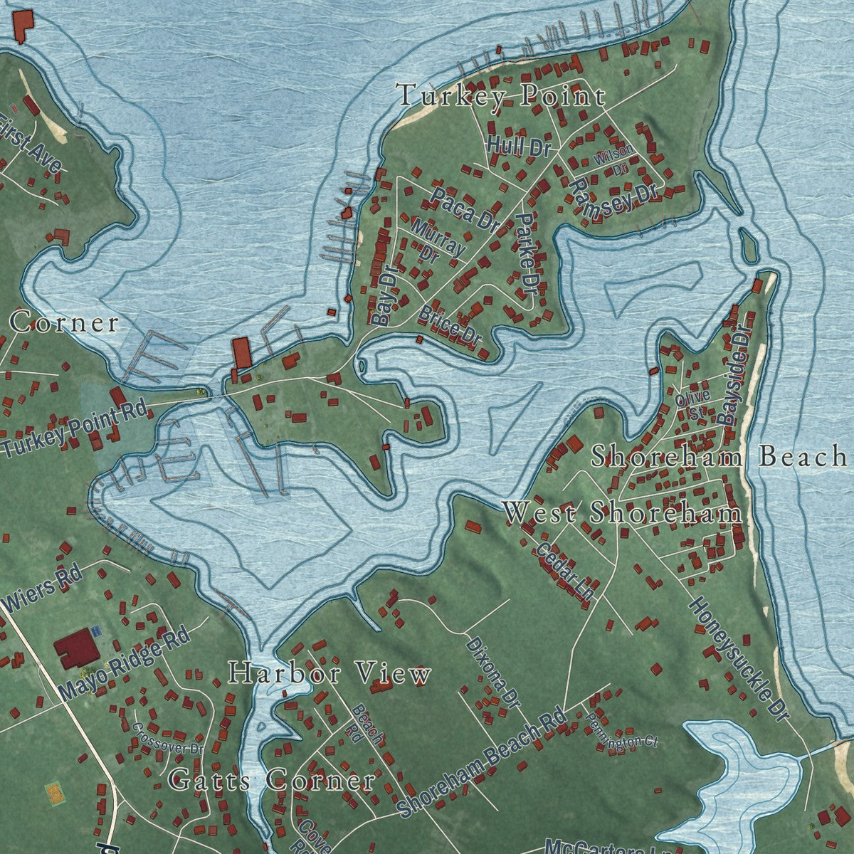 Close-up of the map of Mayo, Maryland print showing street and building detail