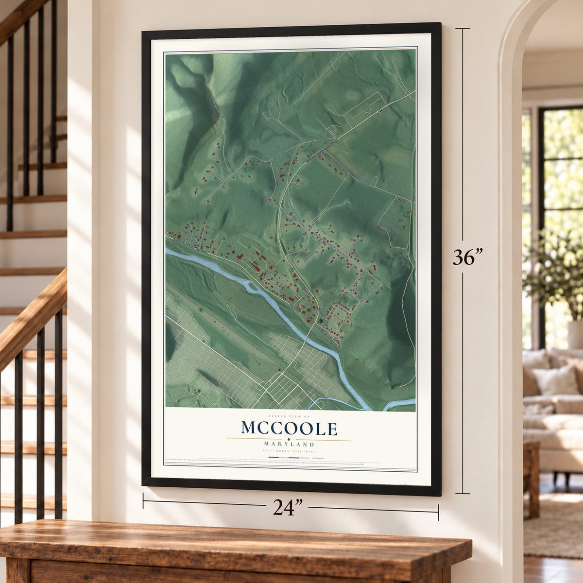 McCoole, Maryland map, 24 x 36 inch print in a black frame by a staircase