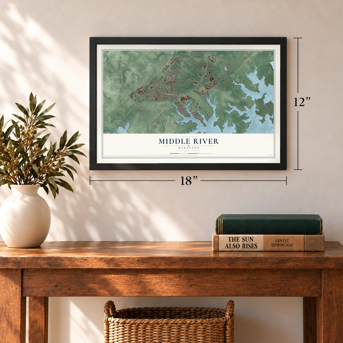 Middle River, Maryland map, 12 x 18 inch print in a black frame in an entryway