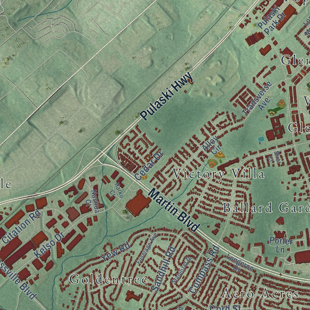 Close-up of the map of Middle River, Maryland print showing street and building detail