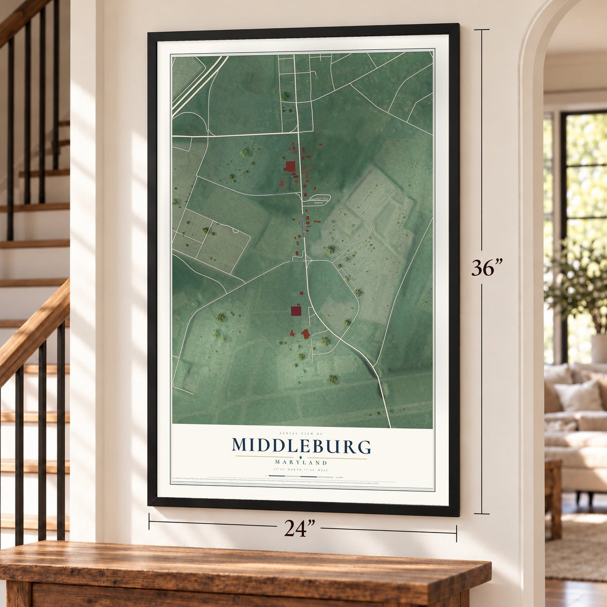 Middleburg, Maryland map, 24 x 36 inch print in a black frame by a staircase