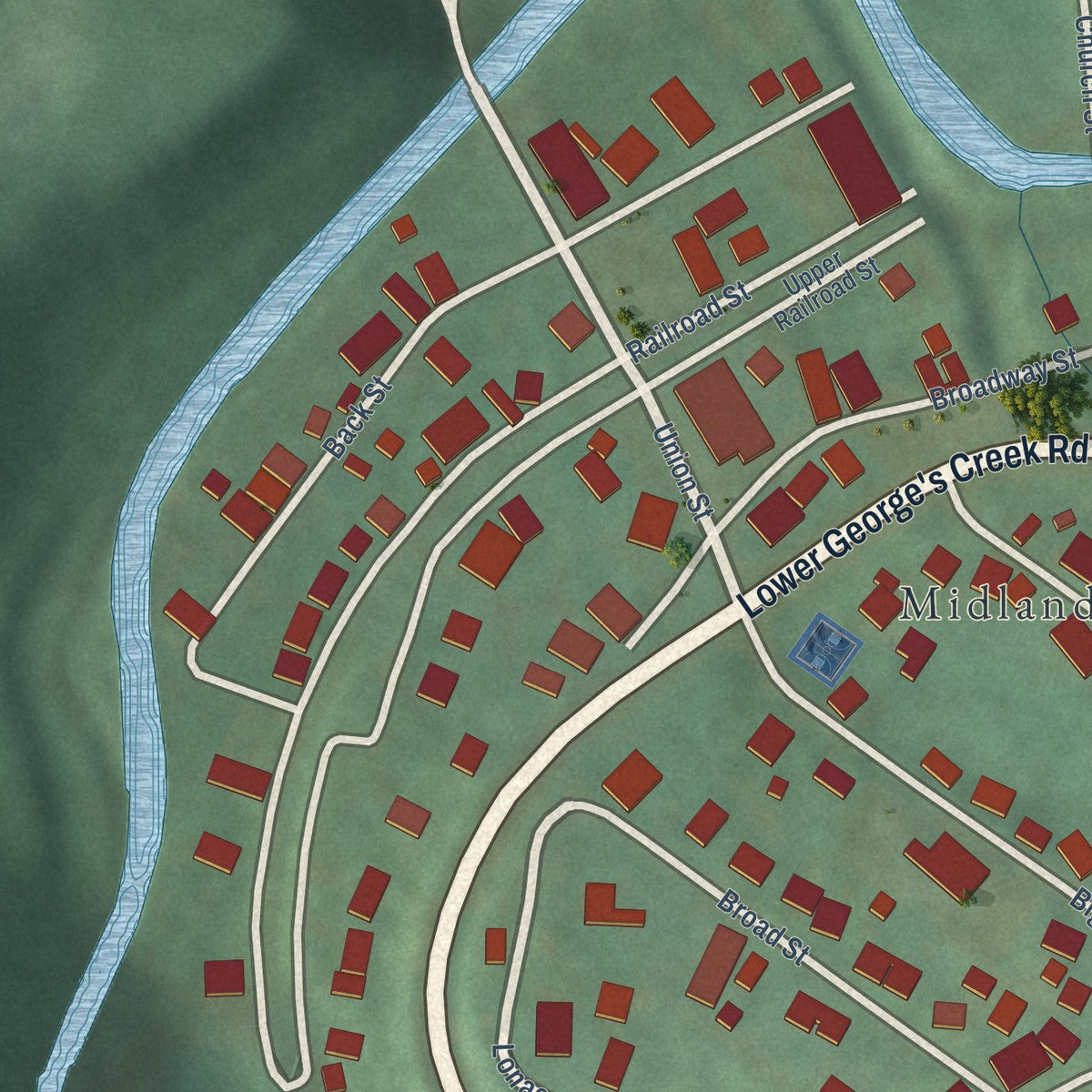 Close-up of the map of Midland, Maryland print showing street and building detail