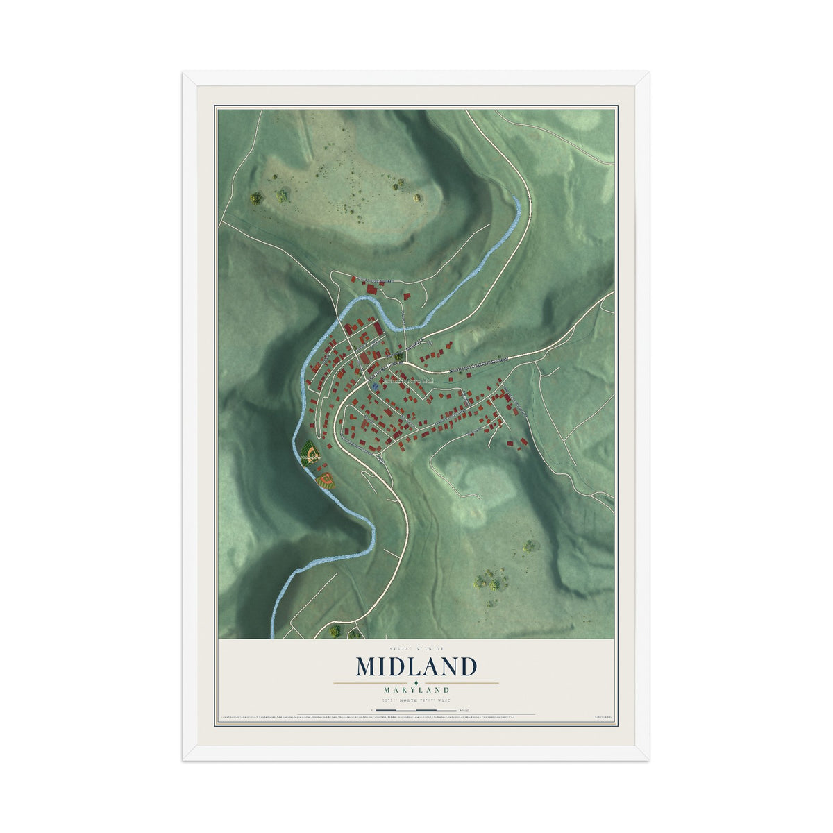 Map of Midland, Maryland, 12 x 18 inch print in a white wood frame