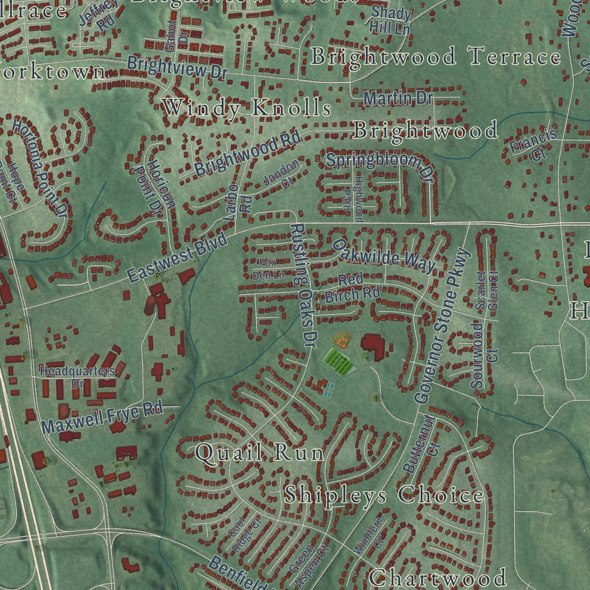 Close-up of the map of Millersville, Maryland print showing street and building detail