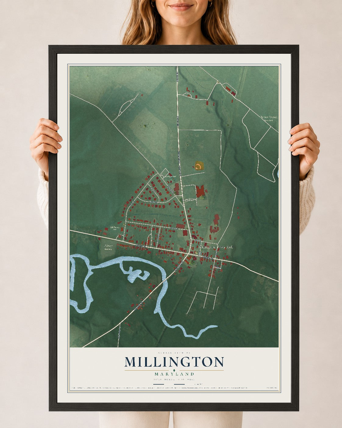Map of Millington, Maryland, 24 x 36 inch print in a black wood frame