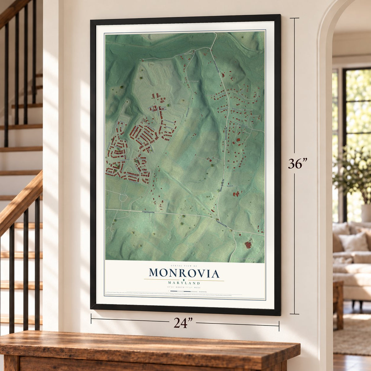 Monrovia, Maryland map, 24 x 36 inch print in a black frame by a staircase