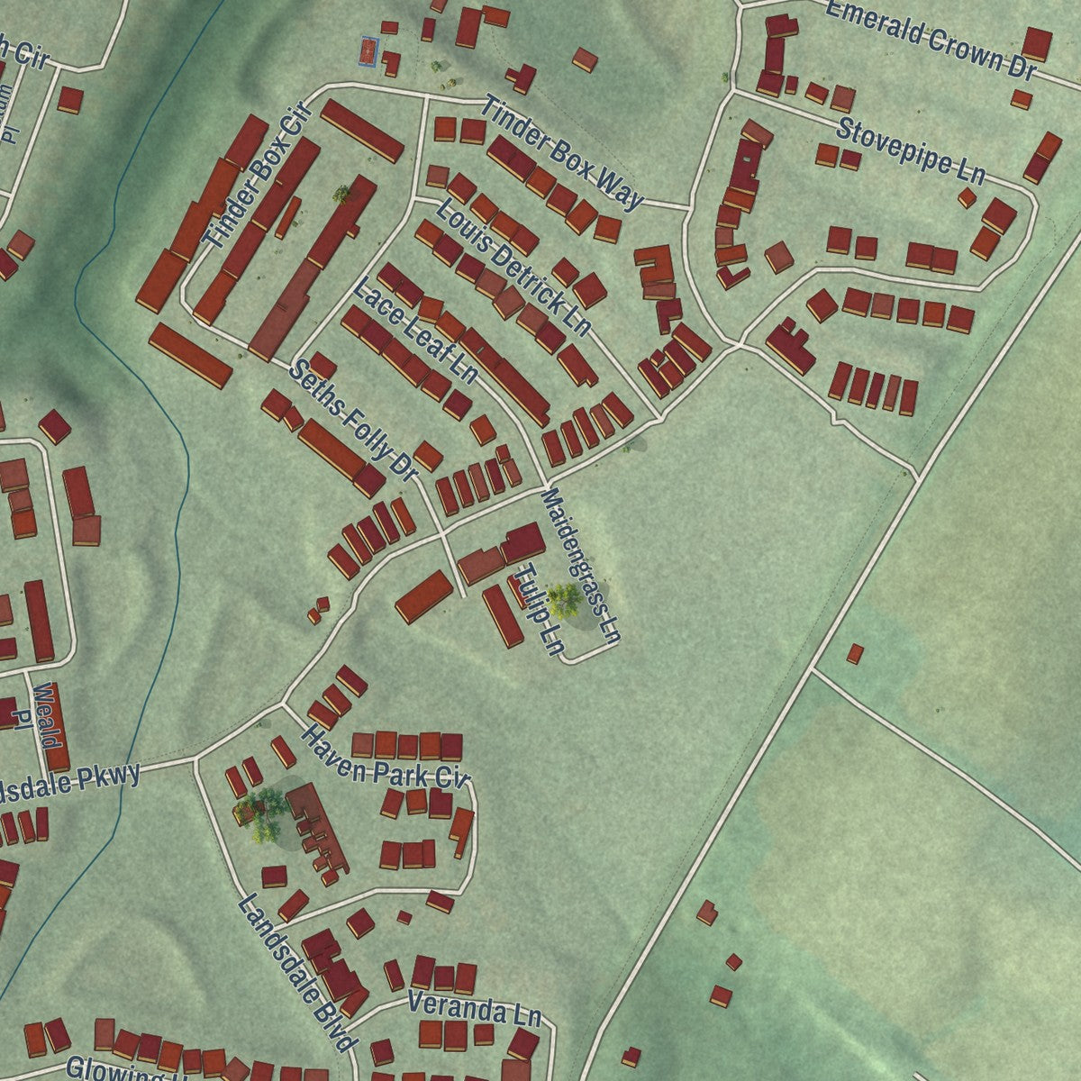 Close-up of the map of Monrovia, Maryland print showing street and building detail