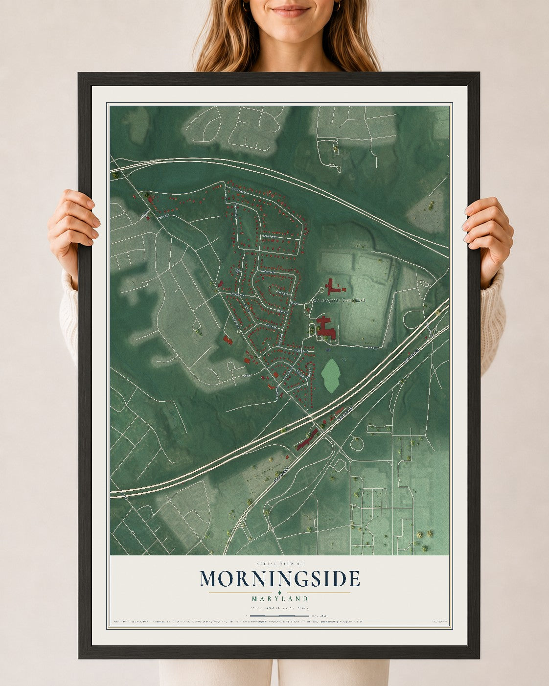 Map of Morningside, Maryland, 24 x 36 inch print in a black wood frame