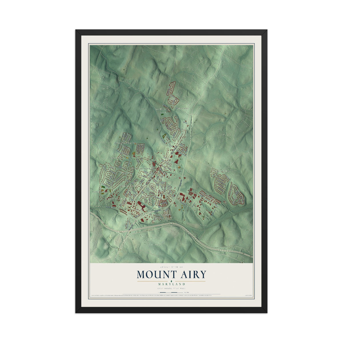 Map of Mount Airy, Maryland, 12 x 18 inch print in a black wood frame
