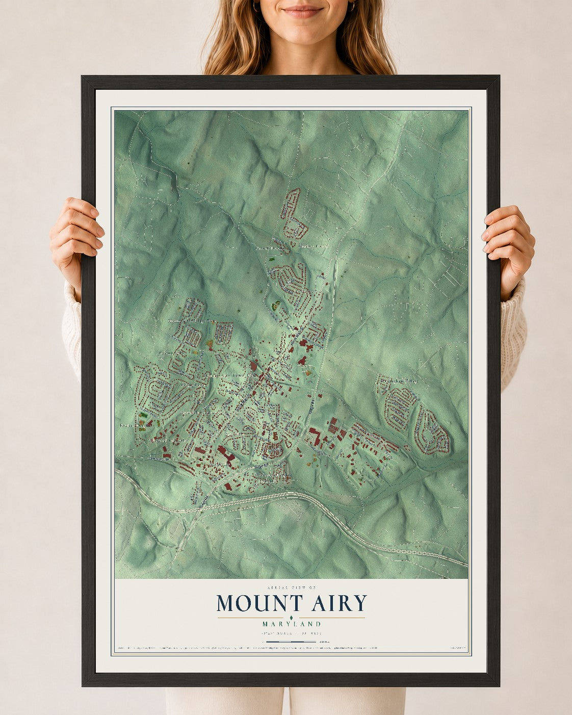 Map of Mount Airy, Maryland, 24 x 36 inch print in a black wood frame