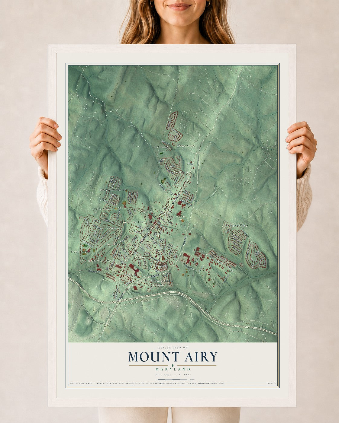 Map of Mount Airy, Maryland, 24 x 36 inch print in a white wood frame