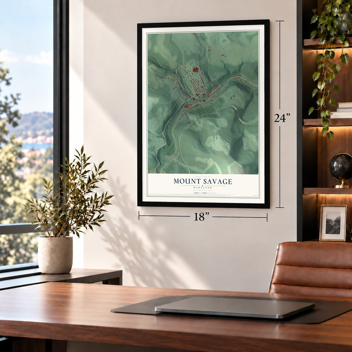 Mount Savage, Maryland map, 18 x 24 inch print in a black frame in a home office