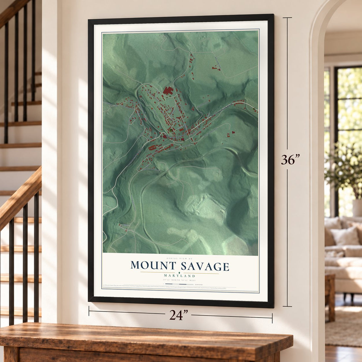Mount Savage, Maryland map, 24 x 36 inch print in a black frame by a staircase