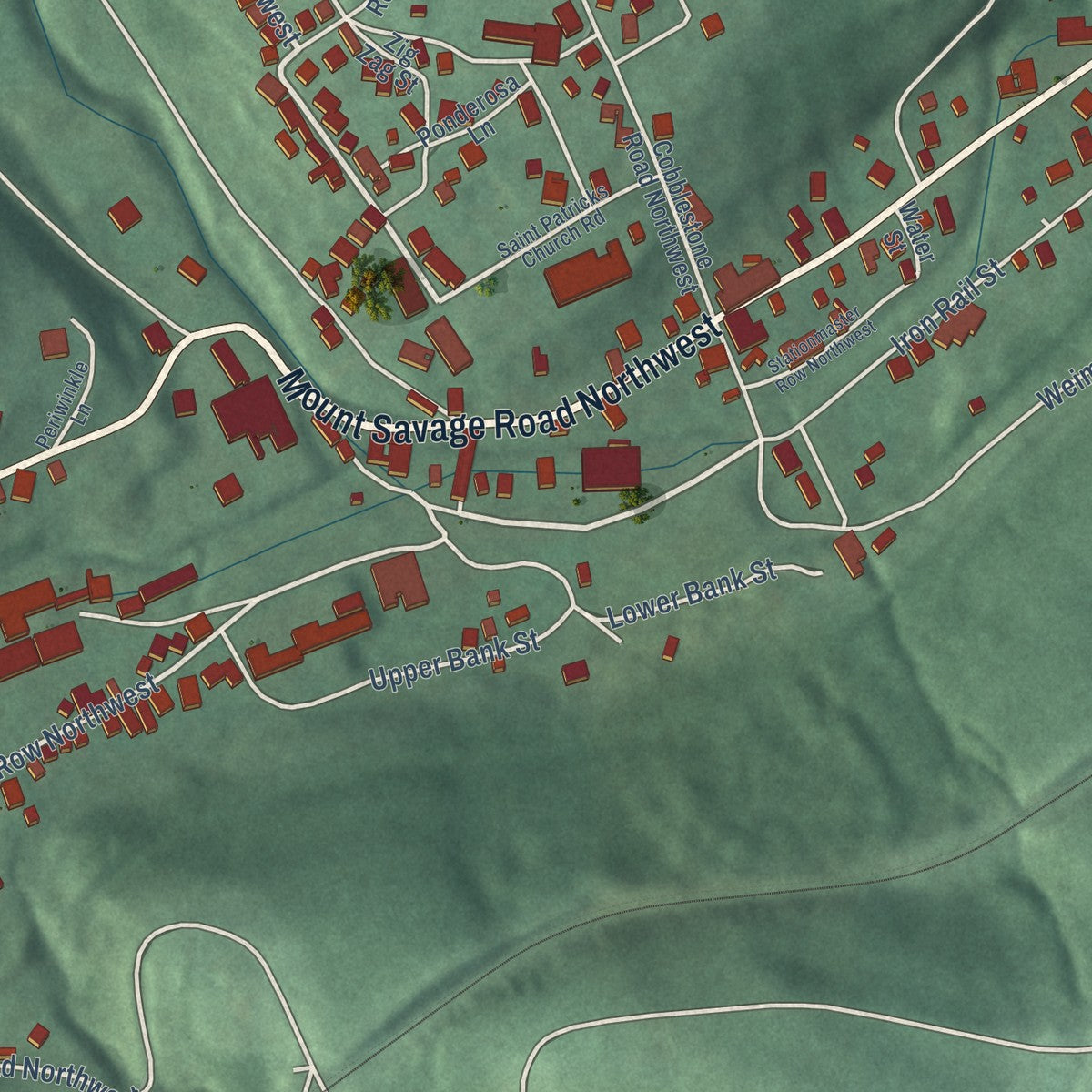 Close-up of the map of Mount Savage, Maryland print showing street and building detail