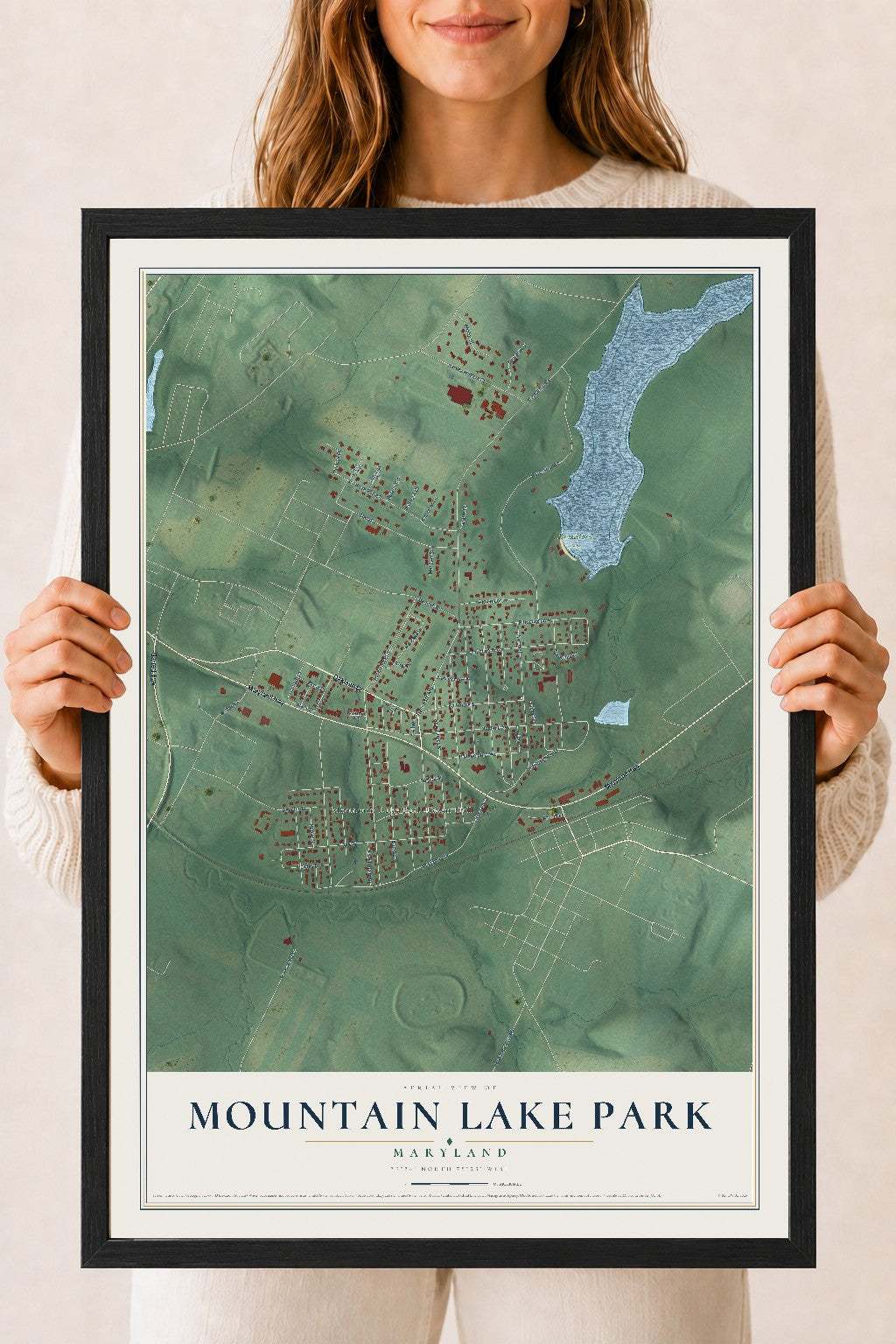 Map of Mountain Lake Park, Maryland, 18 x 24 inch print in a black wood frame