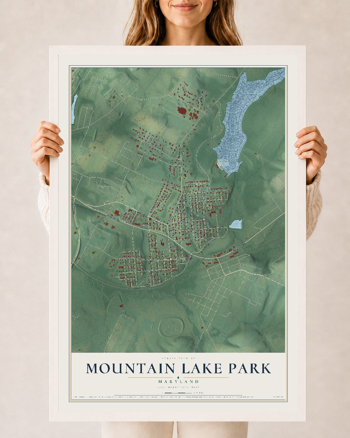 Map of Mountain Lake Park, Maryland, 24 x 36 inch print in a white wood frame