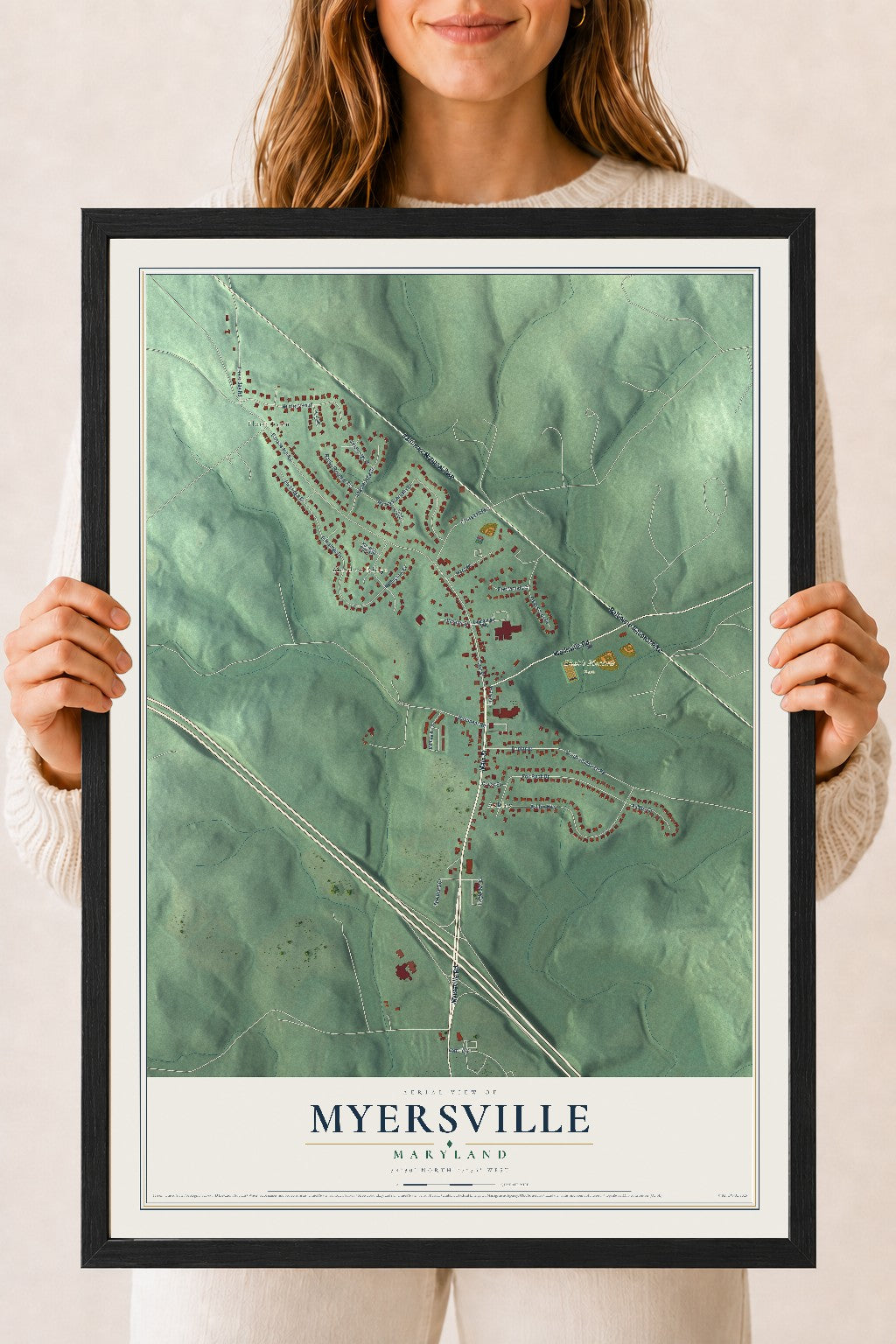 Map of Myersville, Maryland, 18 x 24 inch print in a black wood frame