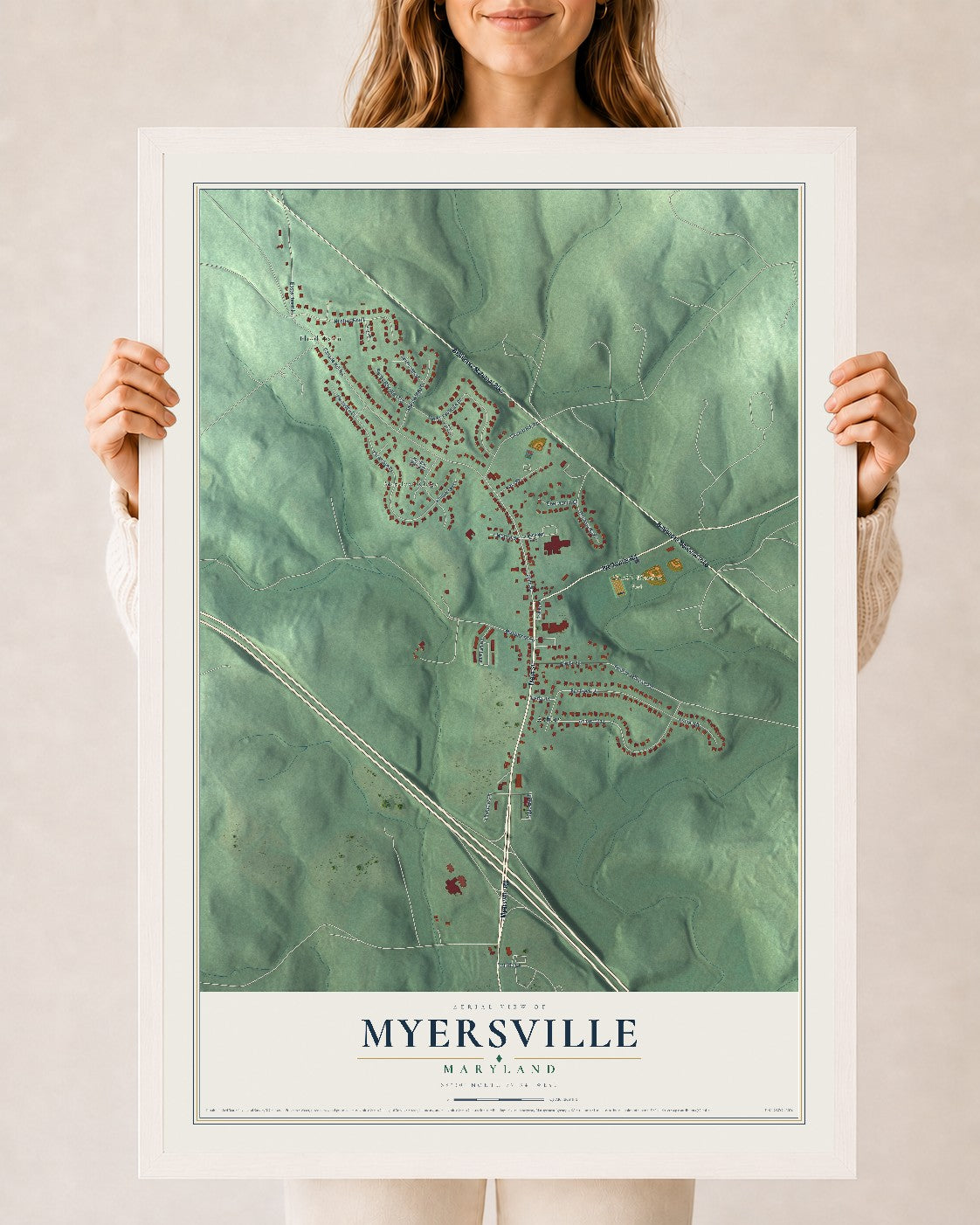 Map of Myersville, Maryland, 24 x 36 inch print in a white wood frame