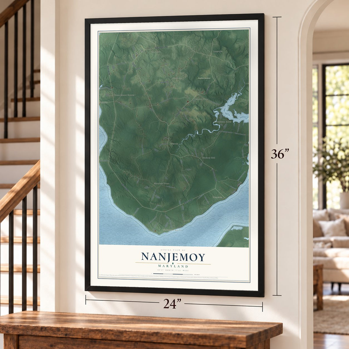 Nanjemoy, Maryland map, 24 x 36 inch print in a black frame by a staircase