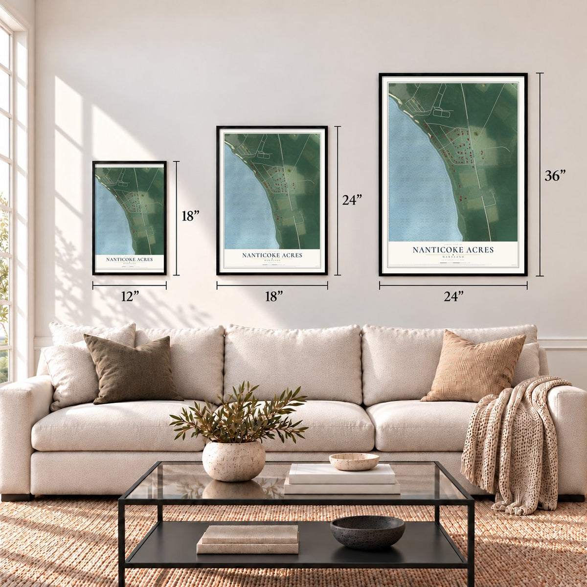 Nanticoke Acres, Maryland map in 12 x 18, 18 x 24 and 24 x 36 inch sizes above a sofa