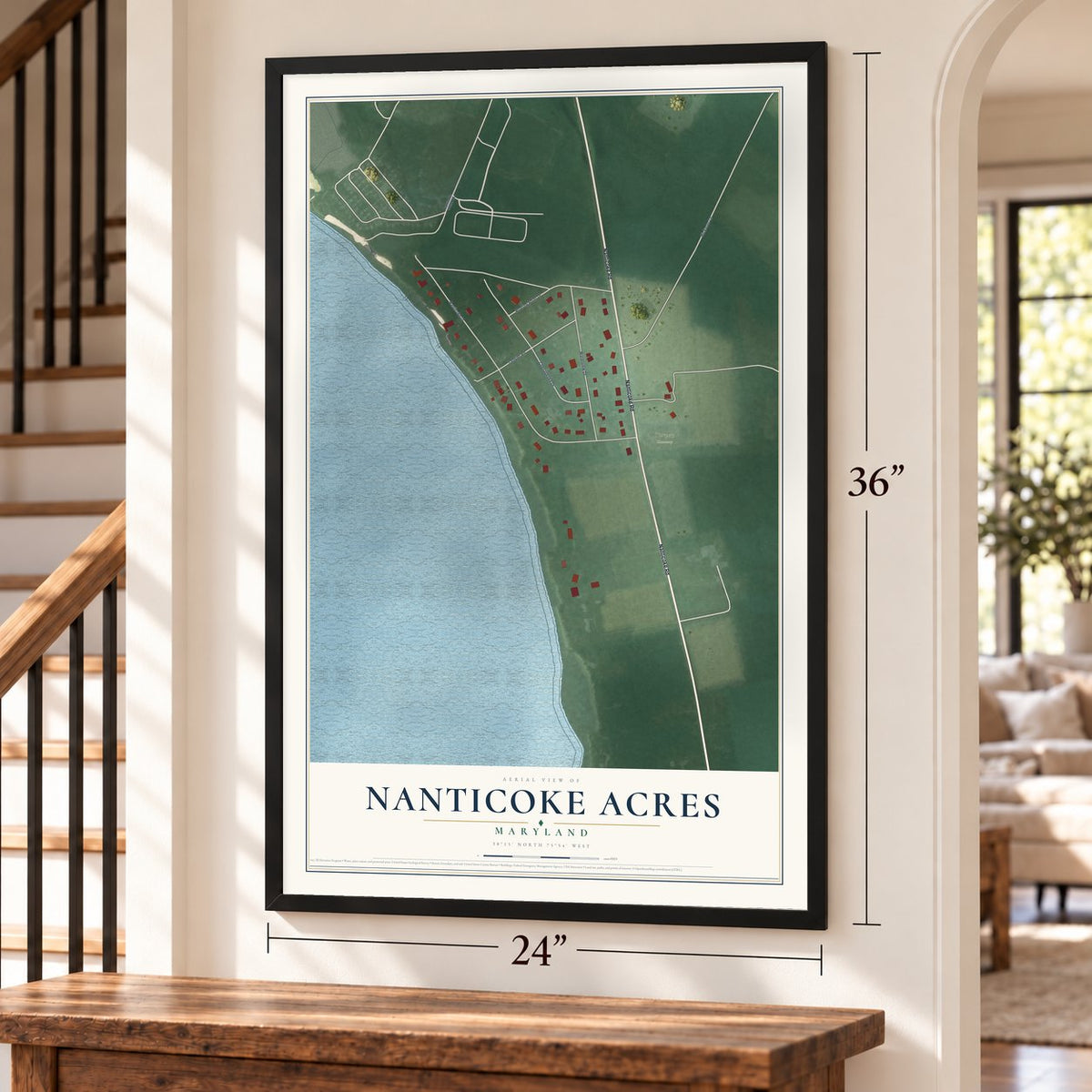 Nanticoke Acres, Maryland map, 24 x 36 inch print in a black frame by a staircase