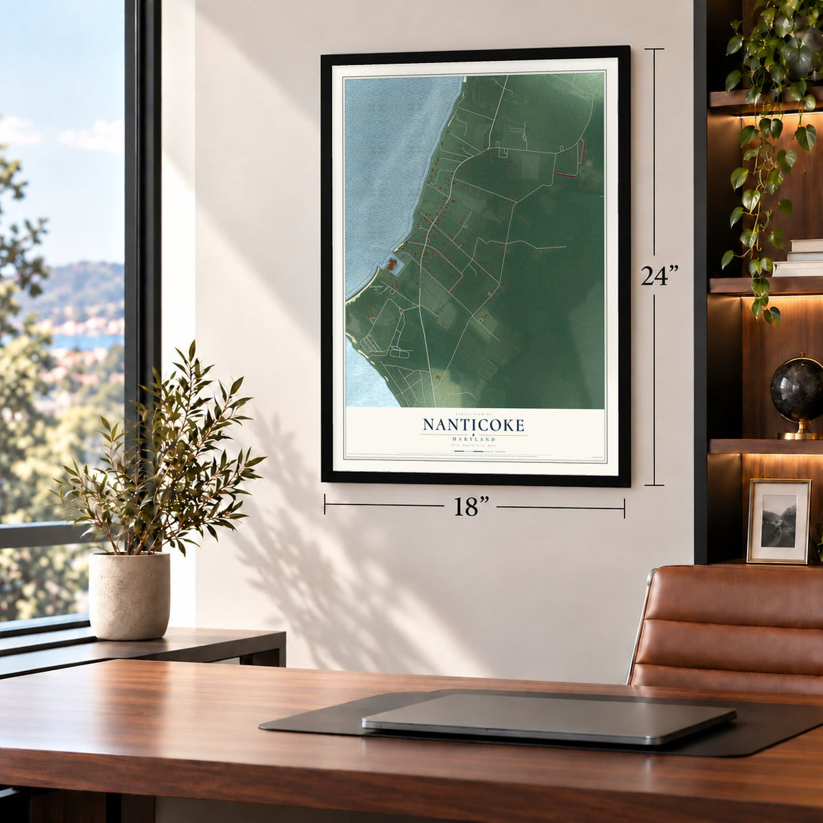 Nanticoke, Maryland map, 18 x 24 inch print in a black frame in a home office