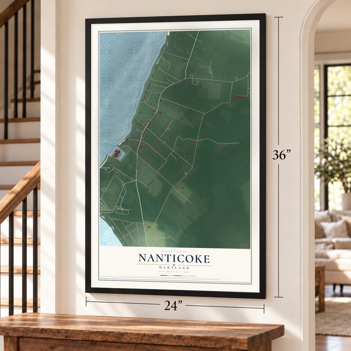 Nanticoke, Maryland map, 24 x 36 inch print in a black frame by a staircase