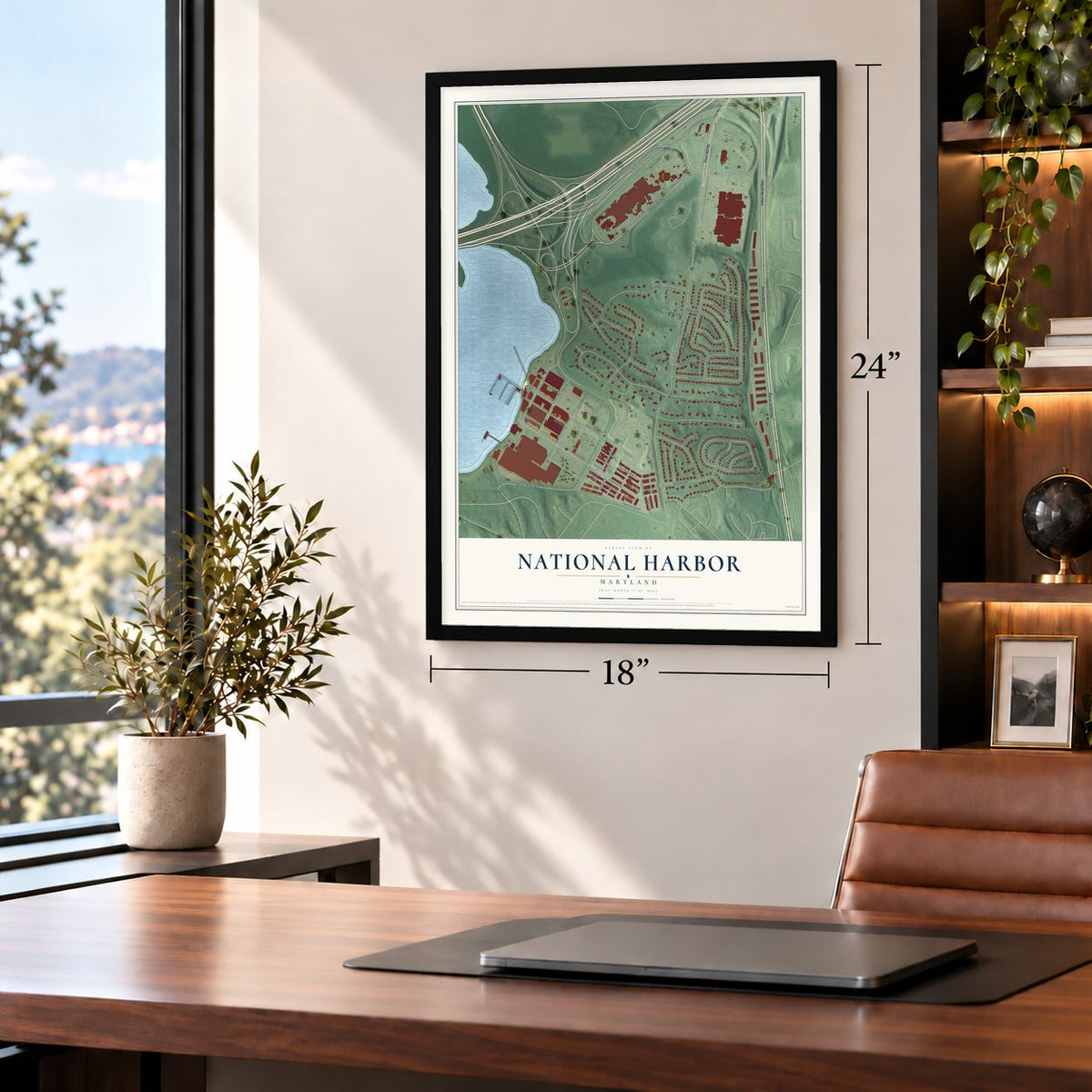National Harbor, Maryland map, 18 x 24 inch print in a black frame in a home office