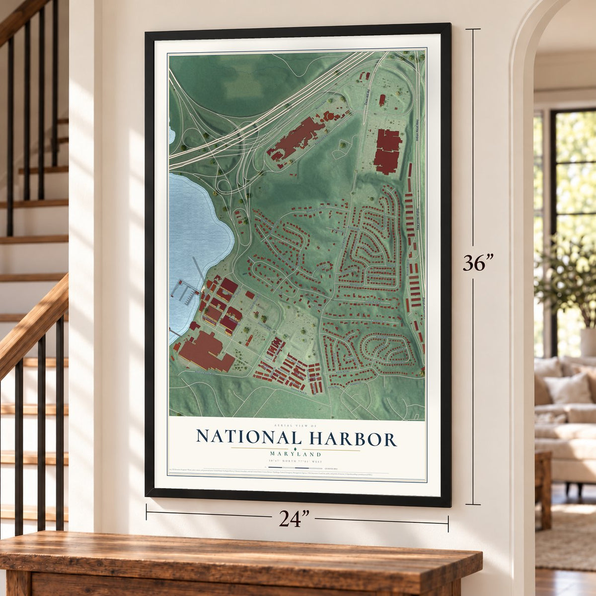 National Harbor, Maryland map, 24 x 36 inch print in a black frame by a staircase