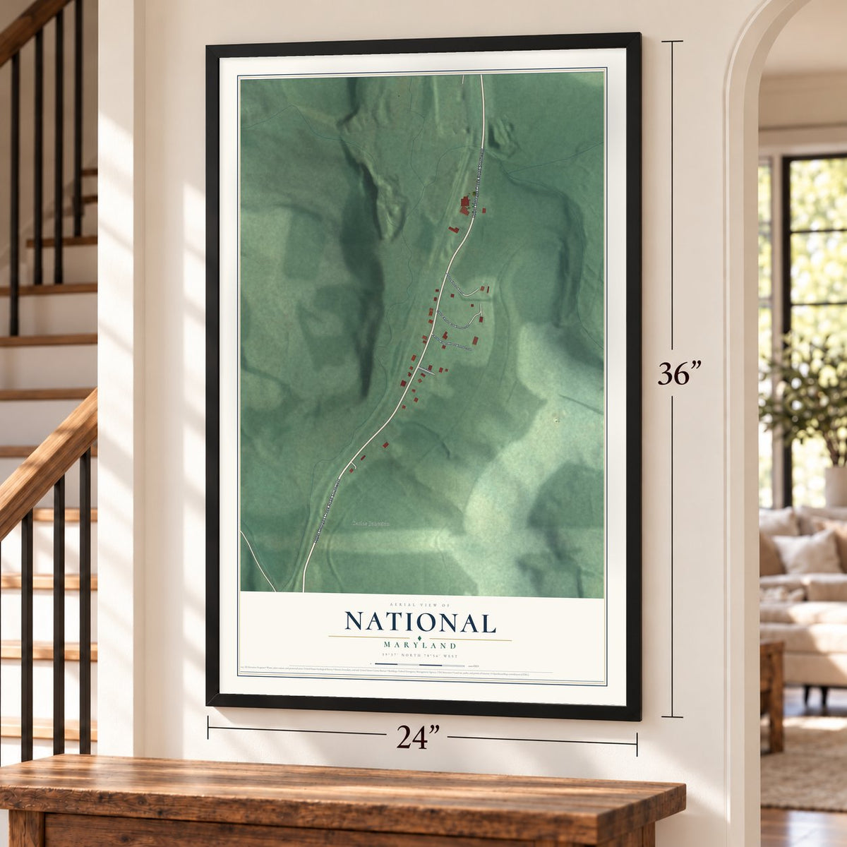 National, Maryland map, 24 x 36 inch print in a black frame by a staircase