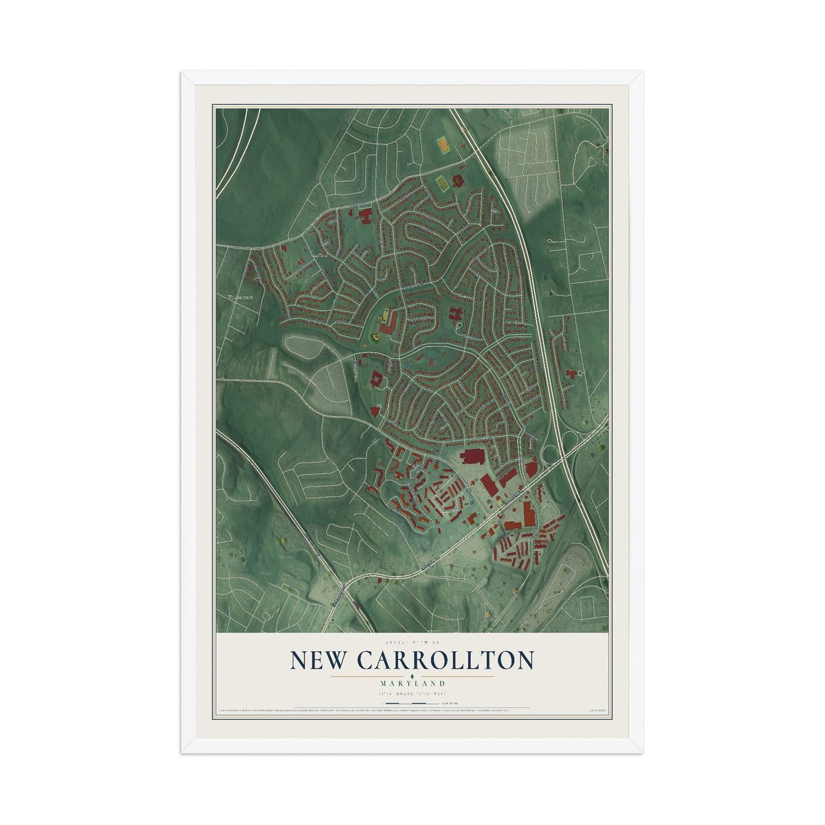 Map of New Carrollton, Maryland, 12 x 18 inch print in a white wood frame