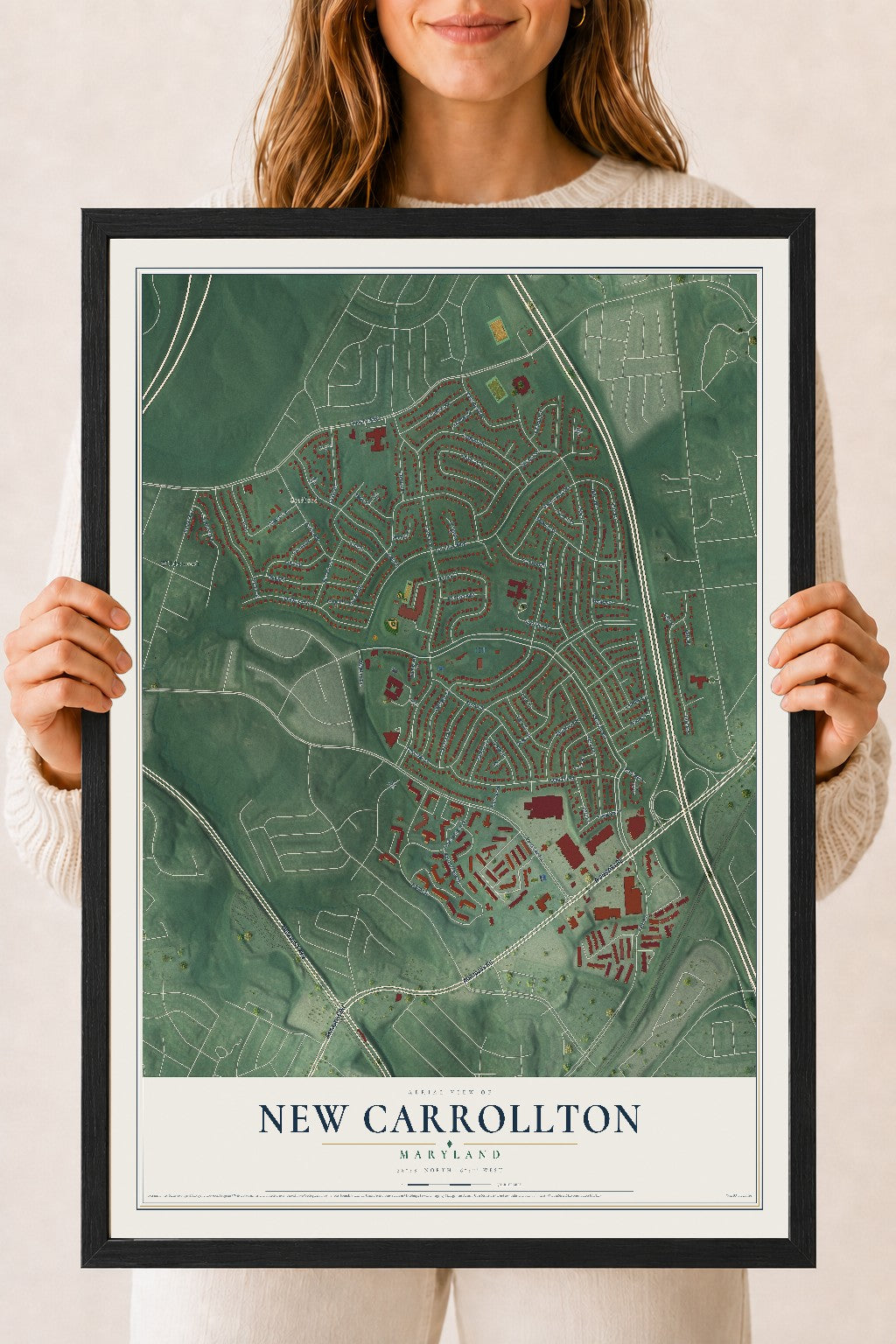 Map of New Carrollton, Maryland, 18 x 24 inch print in a black wood frame