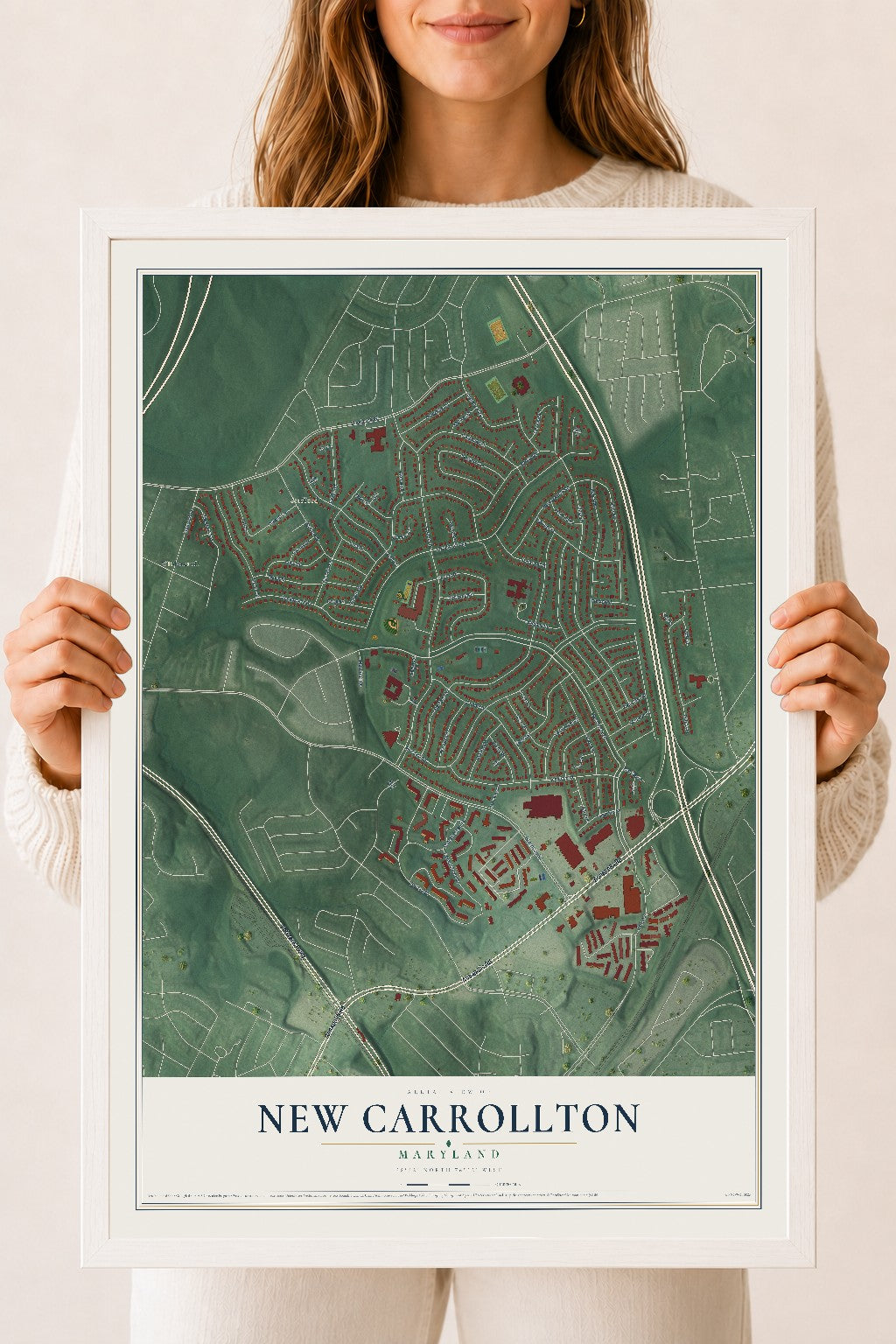 Map of New Carrollton, Maryland, 18 x 24 inch print in a white wood frame