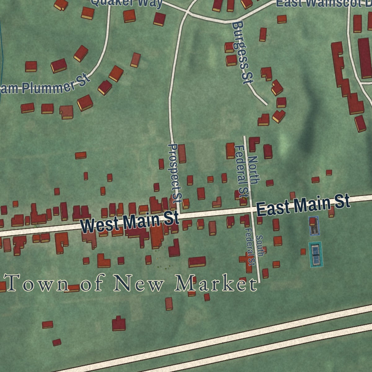Second close-up of the map of New Market, Maryland print showing more streets and buildings