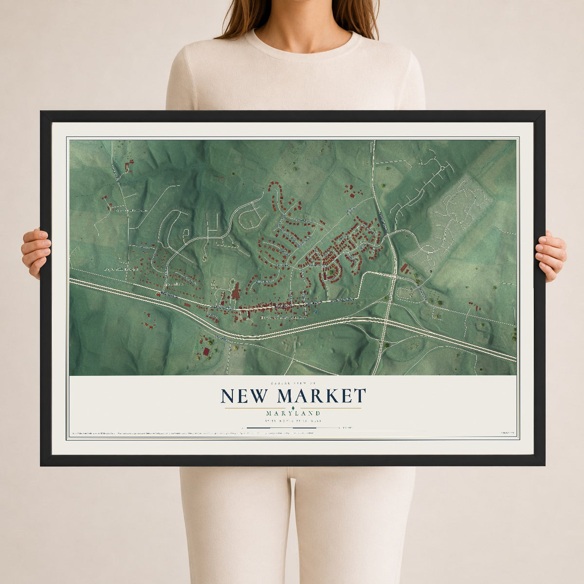Map of New Market, Maryland, 24 x 36 inch print in a black wood frame