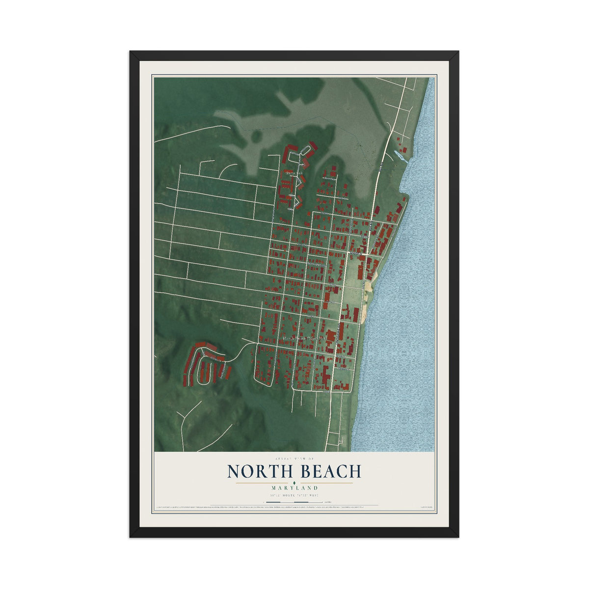 Map of North Beach, Maryland, 12 x 18 inch print in a black wood frame