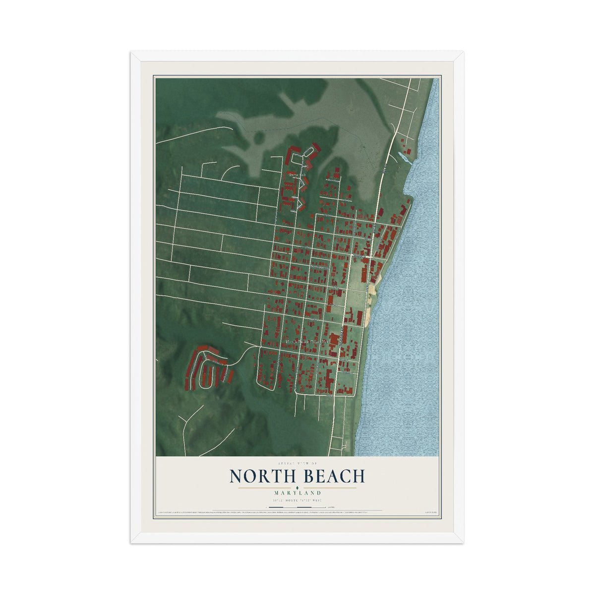 Map of North Beach, Maryland, 12 x 18 inch print in a white wood frame