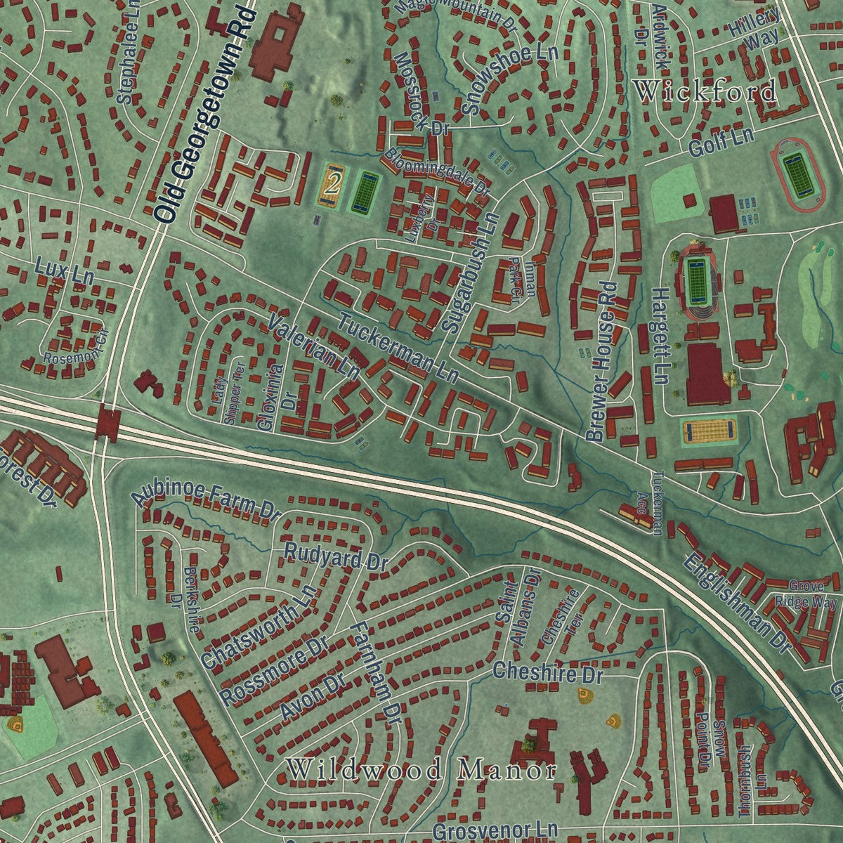 Close-up of the map of North Bethesda, Maryland print showing street and building detail