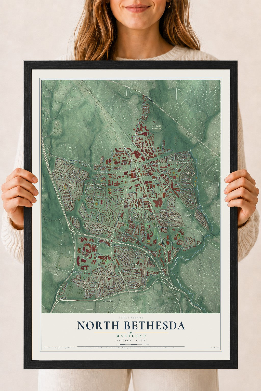 Map of North Bethesda, Maryland, 18 x 24 inch print in a black wood frame