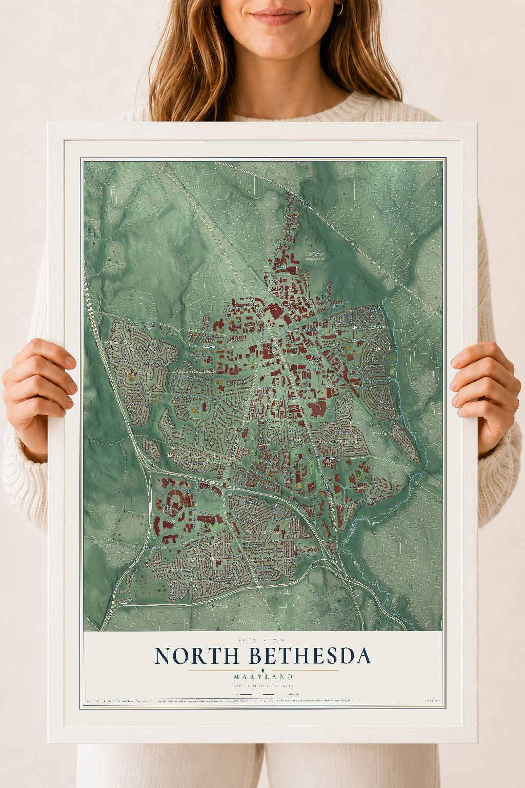 Map of North Bethesda, Maryland, 18 x 24 inch print in a white wood frame