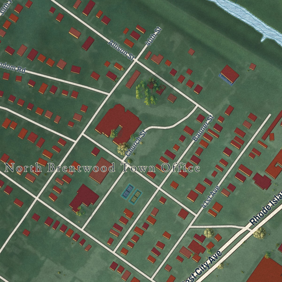 Second close-up of the map of North Brentwood, Maryland print showing more streets and buildings