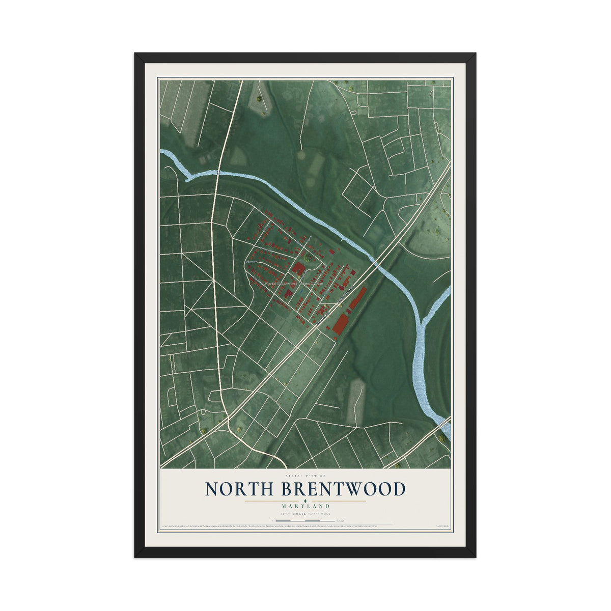 Map of North Brentwood, Maryland, 12 x 18 inch print in a black wood frame